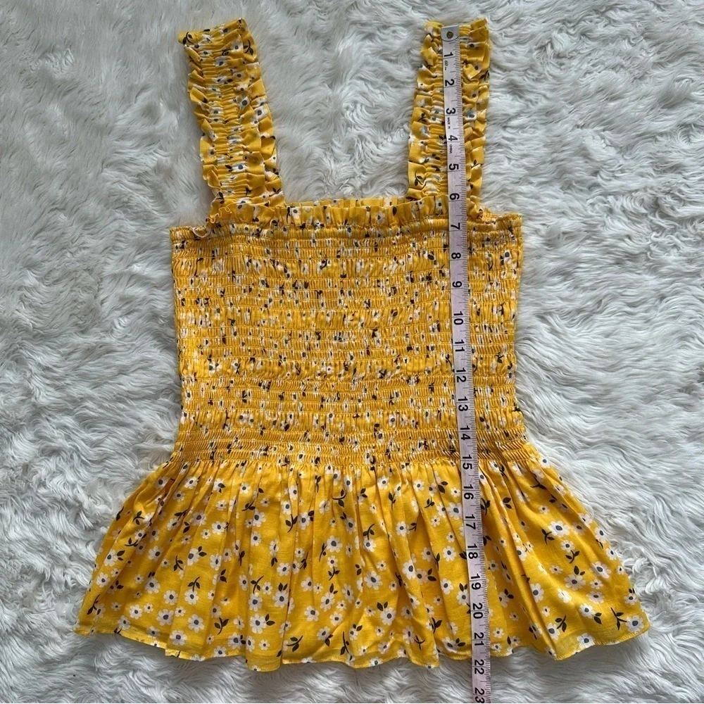 Kate Spade Tank Fleurette Toss Smocked Top 100% Cotton Floral Yellow XS